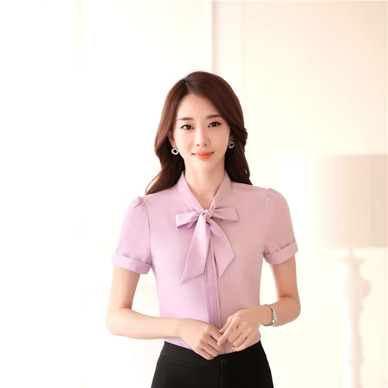 New Elegant Pink Summer Chiffon Blouses Shirts Ladies Office Work Wear