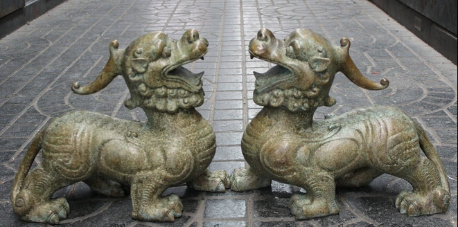 

JP S0524 18" Chinese Fengshui Folk Bronze Pixiu Unicorn Beast Kylin Statue sculpture Pair