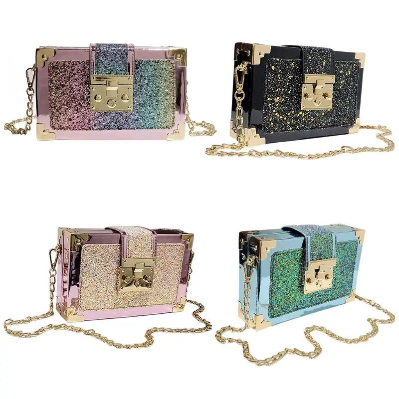

Luxury Fashion Gradient Color Sequins Box Style Female Party Clutch Shoulder Bag Chain Purse Crossbody Mini Messenger Bags
