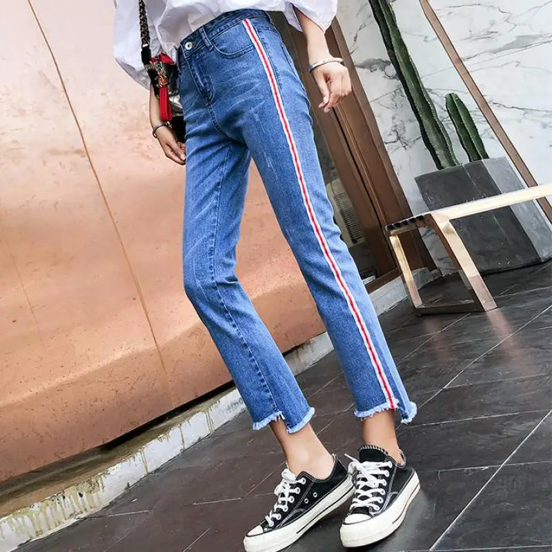 Straight Jeans Pants Women 2019 Summer Striped Femme Pantalon Plus Size 32 Stretch Mom Jeans Femme Retro Jeans Mid Waist