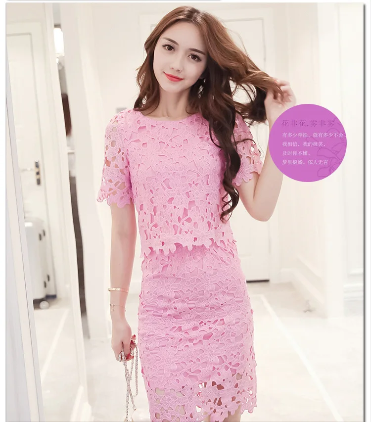 Women Lace Set  O Neck Crop Tops And Skirt Hollow Out Female Suit White Blue Pink 2 Pieces (25)