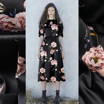 

118CM Wide 19MM 93% Silk & 7% Spandex Pink Floral Print Stretch Black Silk Satin Fabric for Dress Cheongsam Shirt Jacket D1020