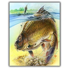 5D Diy Diamond Painting Cross Stitch Eat The Fish With The Hook Needlework Diamond Embroidery Full Round Mosaic Decoration Resin