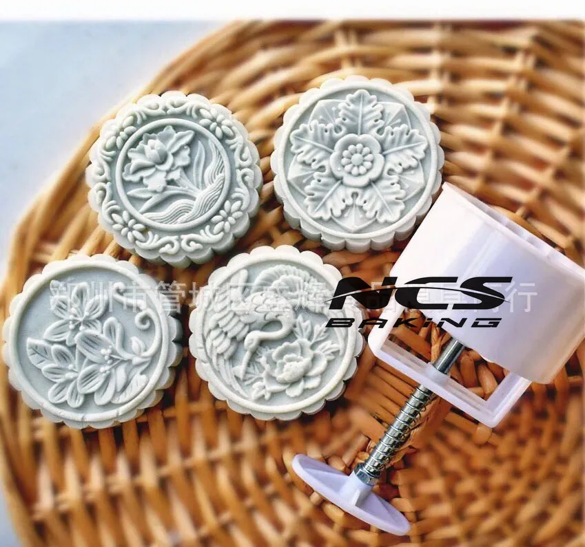 200 г круглый форма цветок дизайн Mooncake mung bean формы для торта Плесень с 4 марки пластик ручной давление, 50 компл./лот
