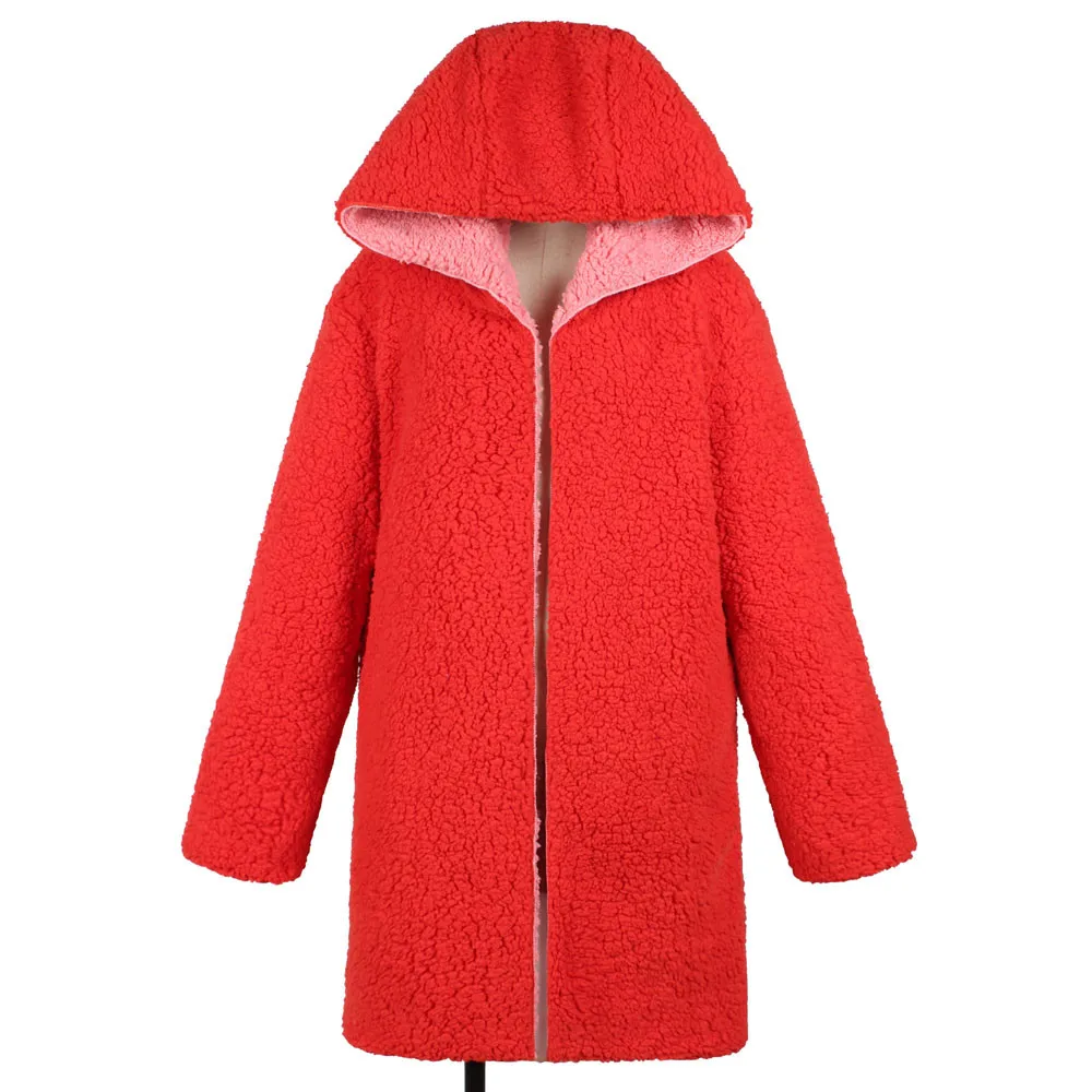 Зимнее Двустороннее пальто с искусственным мехом плюшевого мишки, женская модная куртка с капюшоном и открытой строчкой, Женское пальто с длинным рукавом
