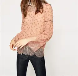 Женская блузка с цветочным принтом и кружевным рукавом, свободный ретро-пуловер, женские модные рубашки