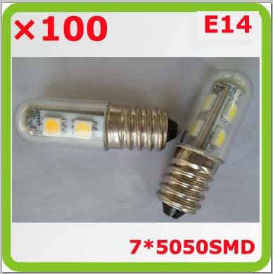 Venta al por mayor 100*120 V 220 V 230 V E14 1 W 7 * 5050SMD mini bulbo del maíz bombilla LED para congelador máquina de coser