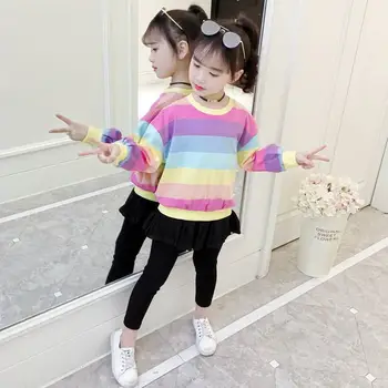 

New Spring Autumn Kids Cotton Sets Children Girls Rainbow Sweatshirt Tops+Solid Culottes Tracksuit Toddler Girl Clothes Suit T56