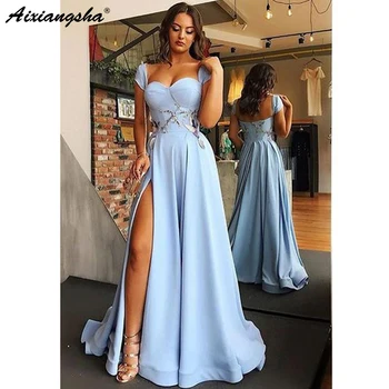 

Light Blue Muslim Evening Dresses 2019 Cap Sleeve A-Line Satin High Leg Slit Dubai Arabic Long Elegant Evening Gown Prom Dress