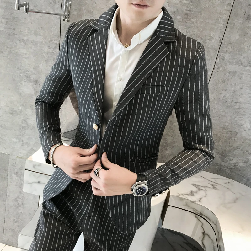 ( 2pcs Set:Jacket+Pants ) 2019 Newest Brand Men's Wear Slim Fit Stripe Casual Suits -Size:3XL | Мужская одежда