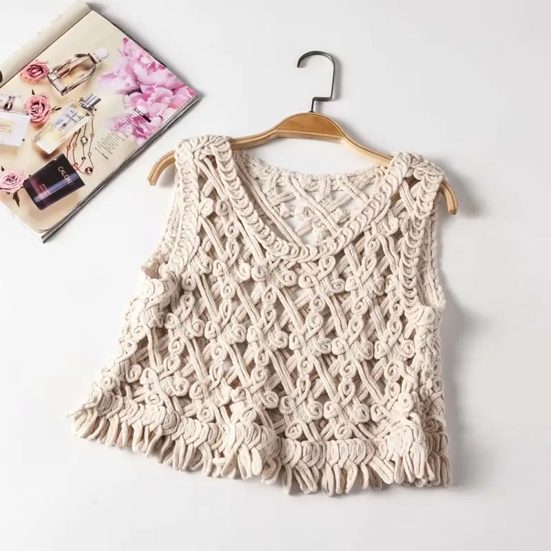 

Boho Tank Tops Seaside Holiday Ethnic Style Retro Loose Hollow Hem Tassel Tops Thick line Vest Summer Women Tops and Blouse 2019