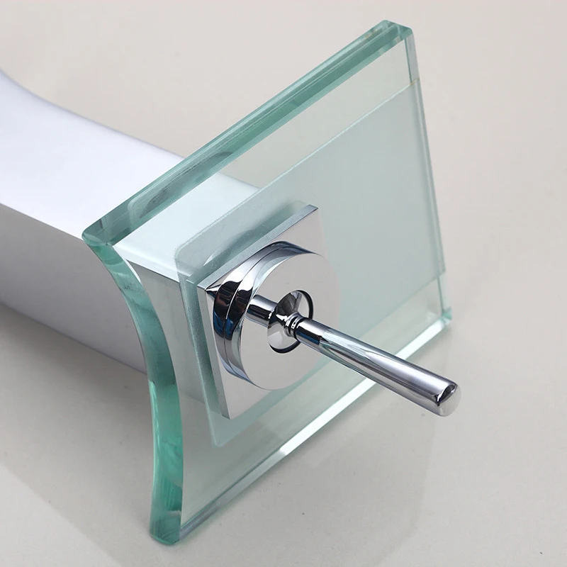 Günstig KEMAIDI RU Wasserfall Armaturen Deck Montiert Einzigen Handgriff Bathroon Becken Wasserhahn Glas Messing Wasser Mischbatterie Große Auslauf Wasser