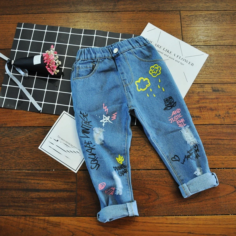 子供服のジーンズのズボン春女の子パーソナライズ印刷子供穴デニムパンツ Kids Denim Pants Kids Jeans Pantsgirls Jeans Pants Aliexpress