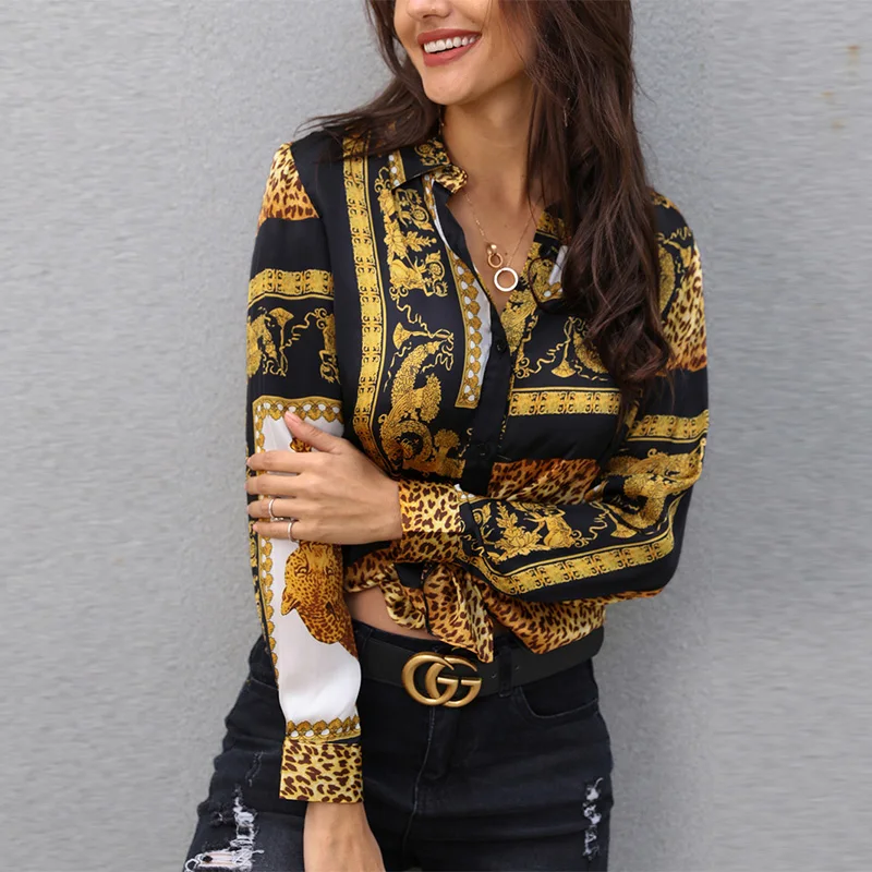 

2019 Spring Women Leopard Print Knot Front Blouse Shirt Office Lady Elegant Turn-down Collar Long Sleeve Button Shirt Streetwear