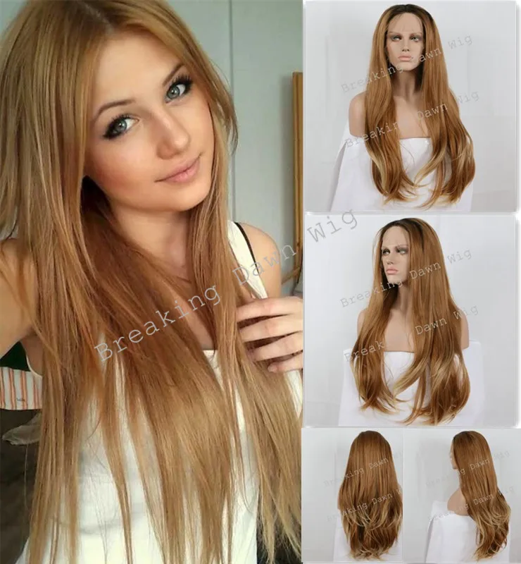 

Fashion Ombre Brown Silky Straight Synthetic Lace Front Wig Glueless Long Natural Black/Brown Heat Resistant Hair Wigs For Women