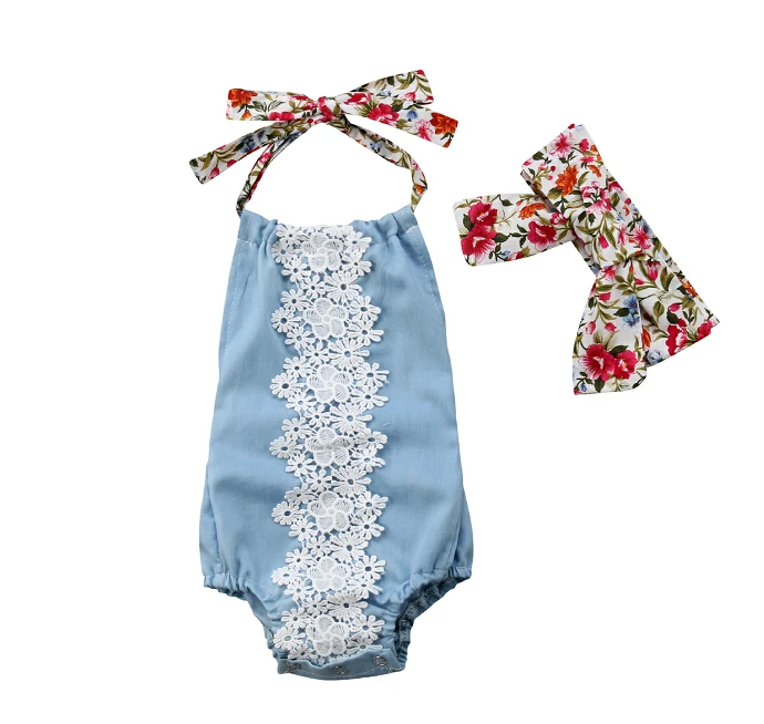

Lace Floral Infant Newborn Baby Girl Backless Bodysuit Jumpsuit Halter Summer One-Pieces Headband Outfits