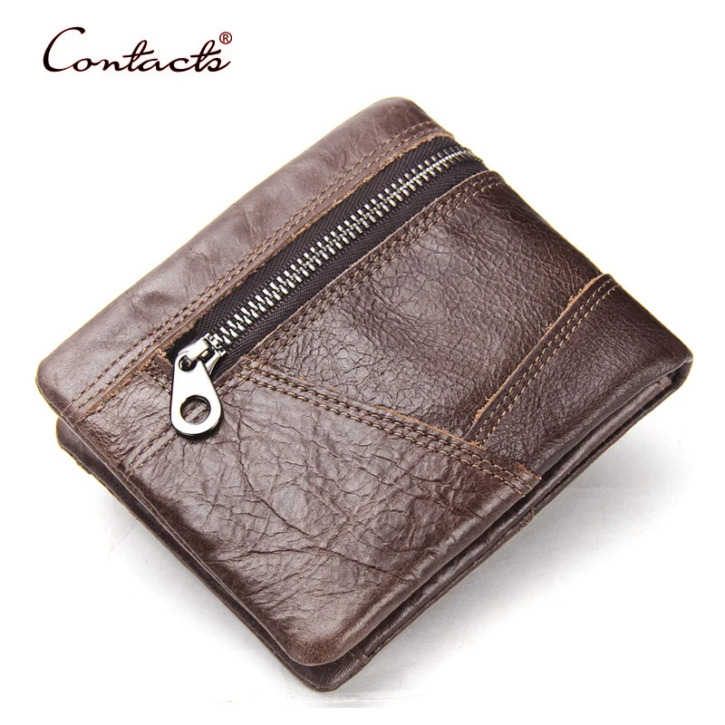 

CONTACT'S Men Wallet Genuine Cowhide Leather Card Holder Coin Short 2017 Zipper Three Fold Brand Photo Dollar Price Male Purse