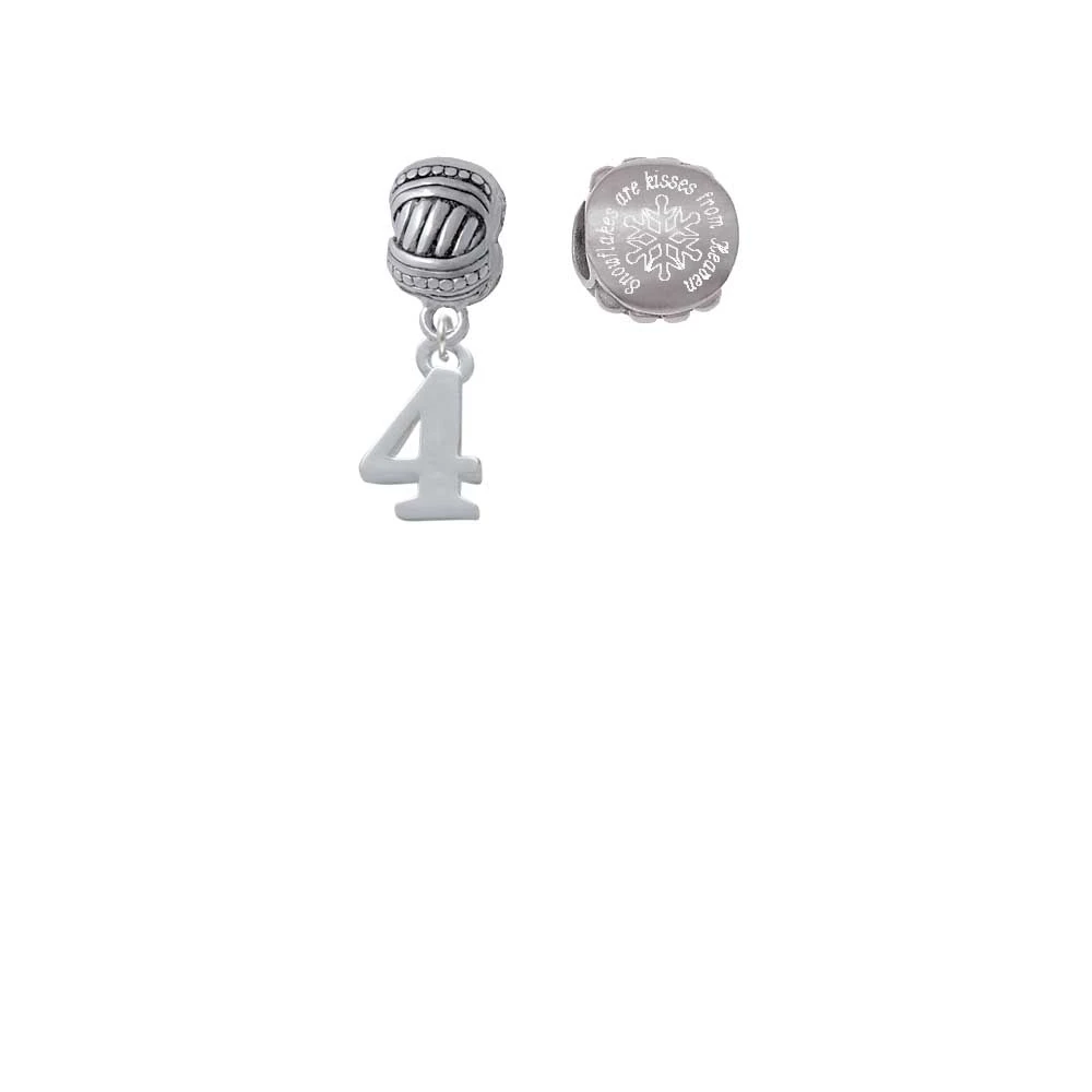 Silvertone Number - 4 - Snowflakes are Kisses from Heaven Charm Beads (Set of 2)