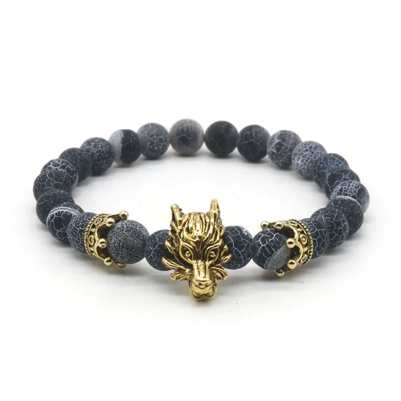 8 мм посеребренный животный браслет с волчьей головой с натуральным черным лавовым камнем, энергетические мужские браслеты из бисера для женщин, A-5 - Окраска металла: Weathered Gold