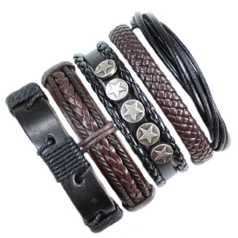 

ZotatBele Handmade Vintage 5pcs/set ethnic tribal genuine bracelet wrap charming male pulsera star braided leather bracelet F35