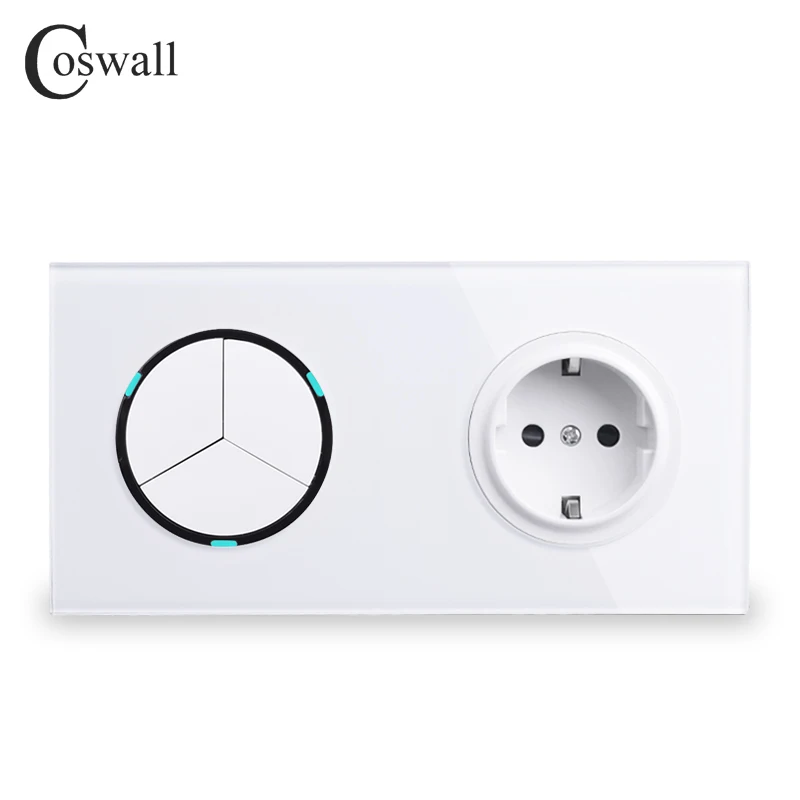 Coswall White Crystal Glass Panel 16A EU Russia Standard Wall Power Socket+ 3 Gang 1 Way On / Off Light Switch LED Indicator