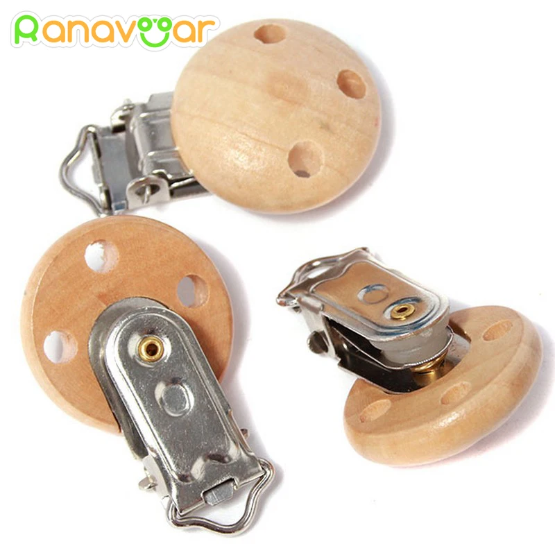 5 PCS Wood Baby Pacifier Clips Natural Color Wooden Round with Metal