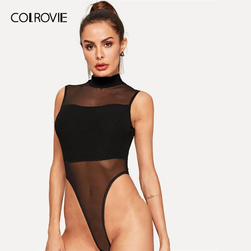 COLROVIE الأسود موك الرقبة مضلع حك إدراج عالية الخصر مثير نحيل ارتداءها المرأة 2019 أكمام بسط شير نادي داخلية