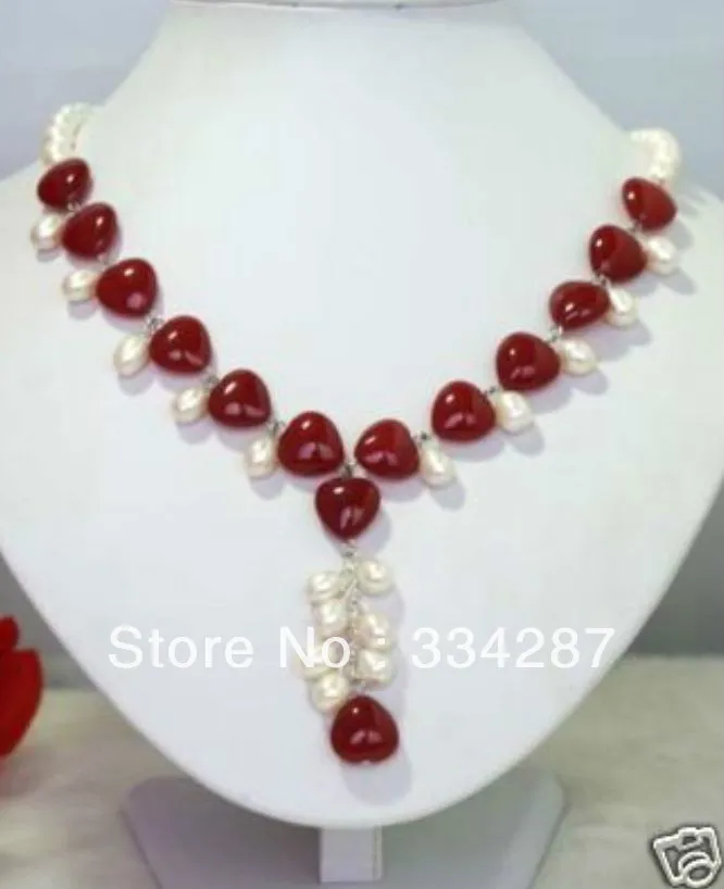 

Designer white Genuine Freshwater pearl Red Jades Heart-Shaped Jewelry necklaces 18inches