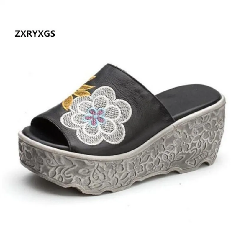 

ZXRYXGS Women Brand Sandals Fashion Slippers Summer Embroidered Cow Leather Shoes Retro Platform Wedges Sandals Women Slipper