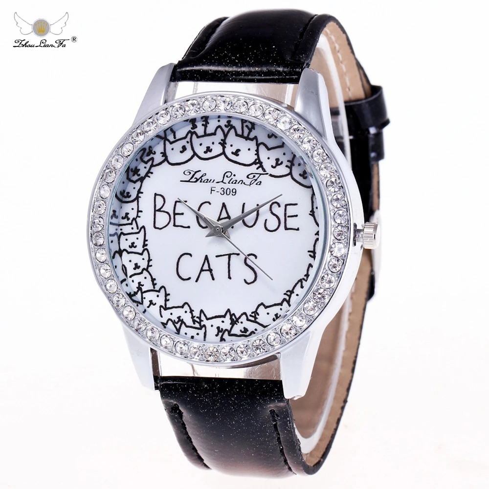

zhou lian fa 2019 Hot Selling simple style Cat Printing Dail Watch Women Leather Analog Quartz Wrist Watch Rhinestone Clockss