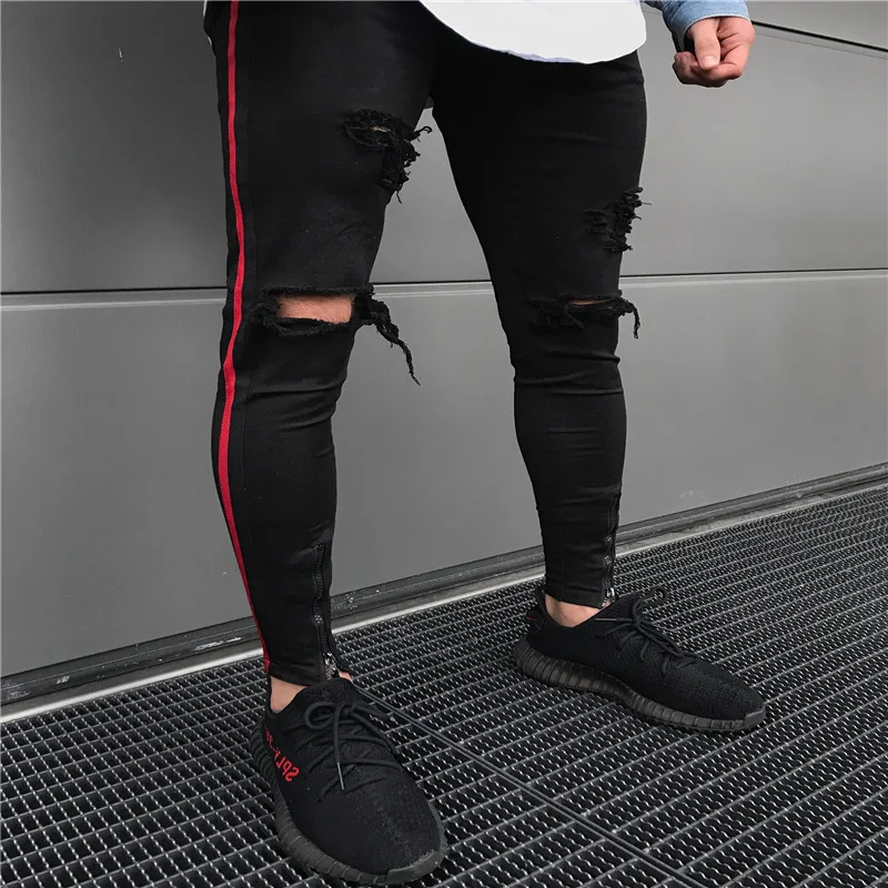 

2018 New Arrived Men side red stripe biker jeans denim ripped holes slim supper skinny hip hop jeans men