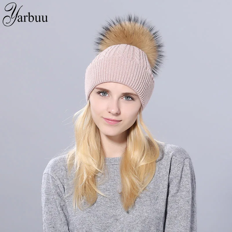 [YARBUU]winter hat for women warm wool Knitted Hat real mink fur pom poms Threaded lady Knitted cap skullies Female beanies