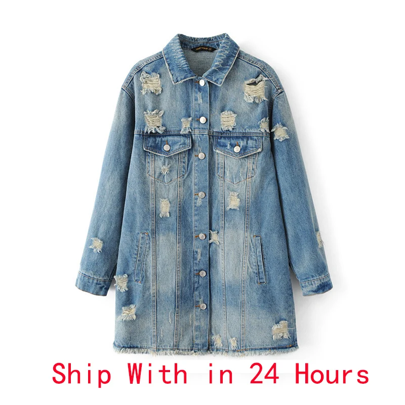 Finest Embroidery Womens Jackets And Coats 2019 Autumn Ripped Oversized Long Denim Jacket Women Plus Size