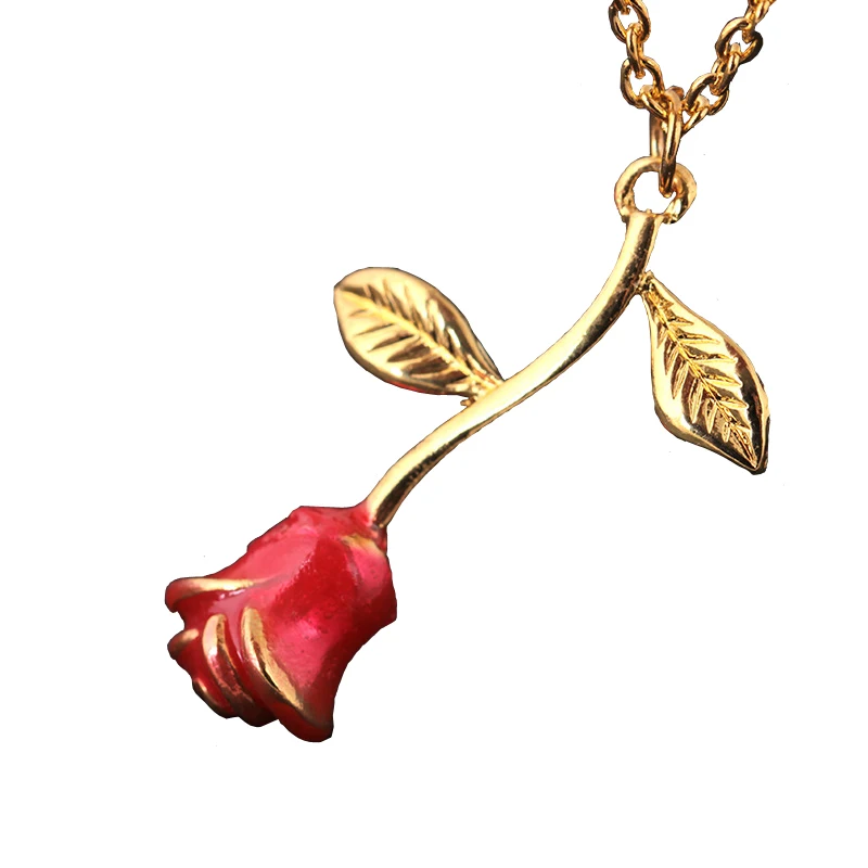 Trendy Red Rose Charms Pendant Necklace for Women Gold Color Chain ...