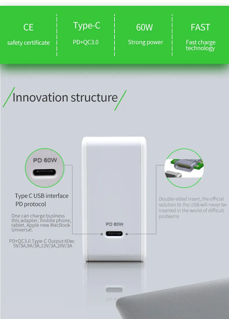 YOJOCK usb type-C PD зарядное устройство 60 Вт питания портативное настенное зарядное устройство адаптер для iPhone X/8 Plus/8, Macbook, nintendo Switch