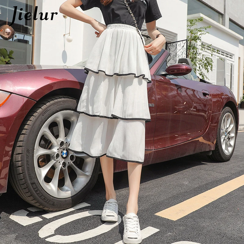 Jielur летняя шифоновая юбка черные белые плиссированные юбки с высокой талией Saia винтажные корейские шикарные женские юбки элегантные женские