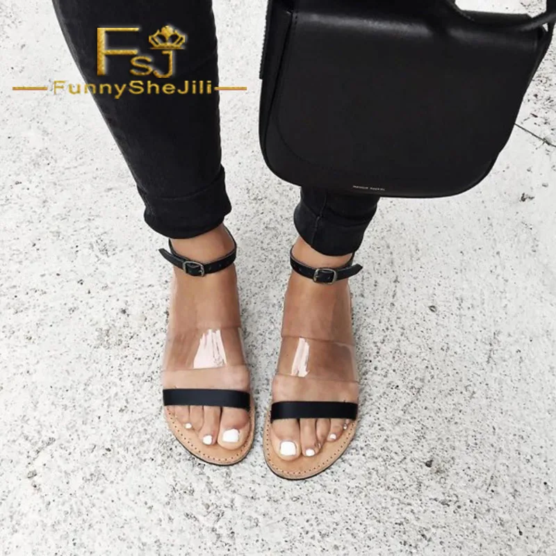 

Clear Transparent PVC Black Open Toe Flats Buckle Ankle Strap Summer Casual Sexy Woman Shoes 2019 Plus Big Size 41 42 43 FSJ