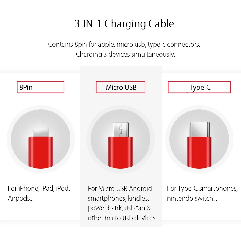 Мульти Быстрый 3 в 1 USB кабель для зарядки Micro type C 8 Pin для iPhone Android мобильный телефон Универсальный Удлинительный шнур зарядного устройства