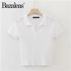 Bazaleas Fashion Women T-shirt Knitted Slim tshirt France V neck harajuku t shirt Casual Basic women Vintage tops drop shipping - Цвет: DS9 white