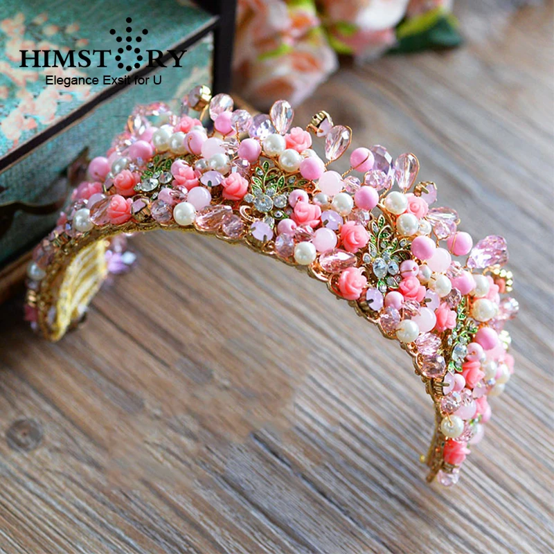 

Himstory Sweety High-end Pink Flower Crown Tiara Handmade Ceramic Pearl Brides Crown Evening Dress Hair Accessories