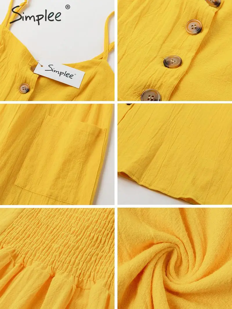 Женское хлопковое платье Simplee в горошек, элегантное мини платье желтого цвета с пуговицей и карманом, повседневное женское летнее пляжное платье