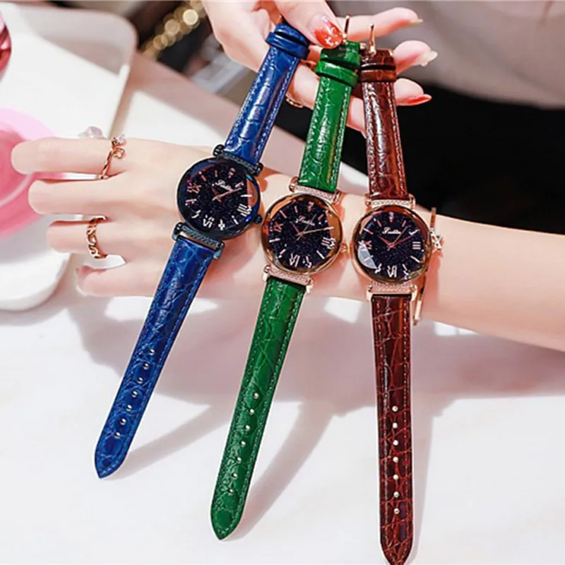 

New Style Starry Dial Women Watches Lady Rhinestone Casual Quartz Watch Female Luxury Leather Strap WristWatch Clock reloj mujer
