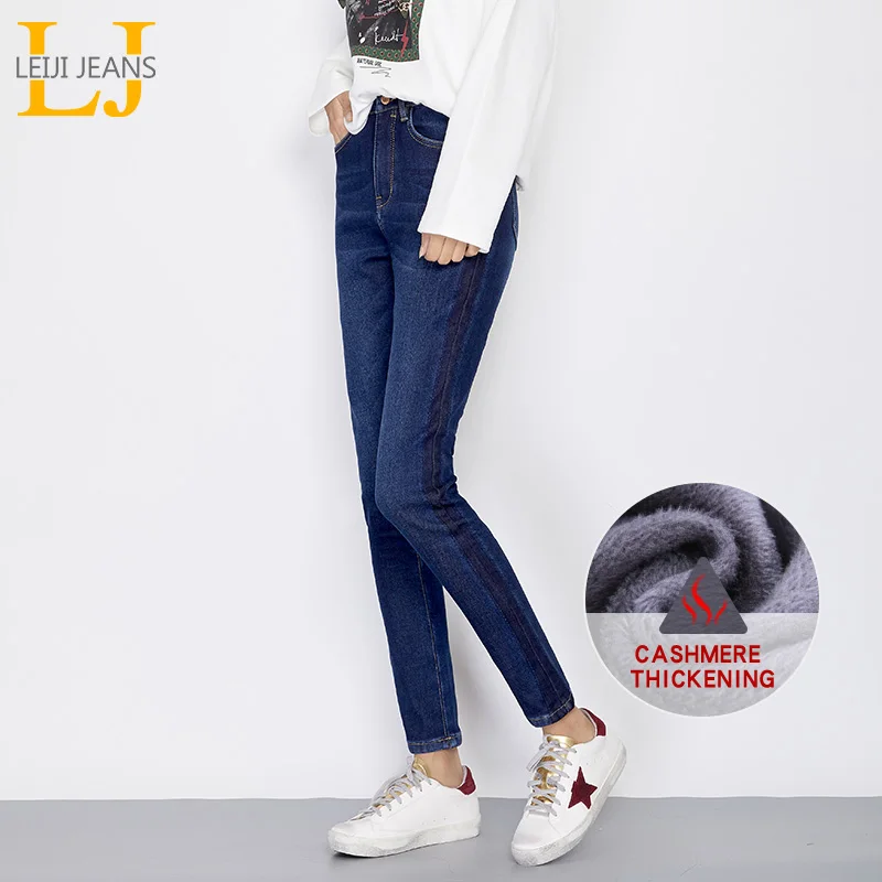 LEIJIJEANS, новинка, зимние, утепленные, размера плюс, L, темно-синие, с высокой талией, отбеленные, полная длина, боковые тени, обтягивающие, узкие, зимние, женские джинсы