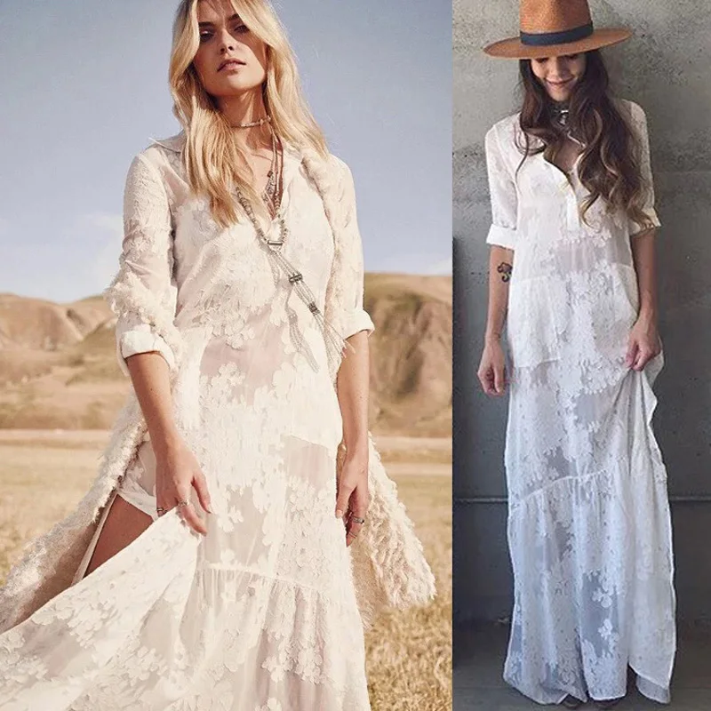 Ongekend Wit Boho Lange Strand Jurk 2018 Hoge Split Vintage Maxi Bohemian FW-41