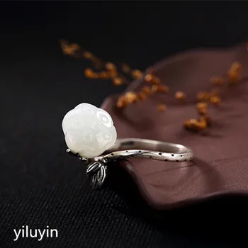 

KJJEAXCMY boutique jewelry S925 Sterling Silver gilded antique inlaid and field jade white jade plum blossom ring finger ring