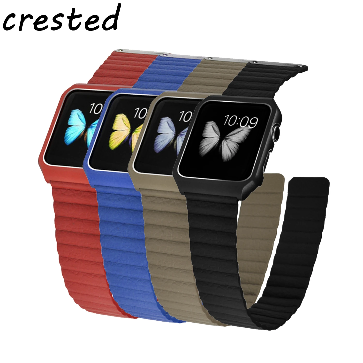 

CRESTED Leather Loop strap for apple watch band 42 mm 38 mm & Stainless Steel Metal Case Magnetic Leather Band for iWatch 3/2/1