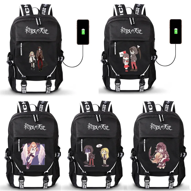 Angel of Death Anime USB Port Backpack Boy Girls Men Women Bag Travel School Bag Teenager Laptop Book Bag Mochila