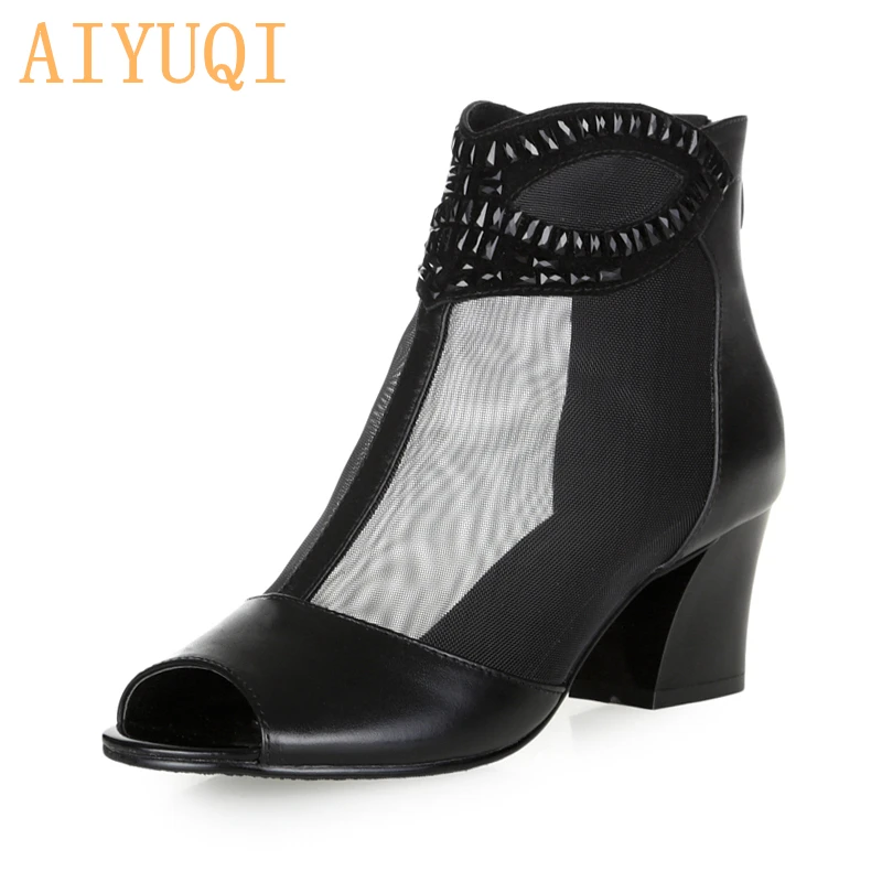 

AIYUQI 2018 Summer genuine leather woman sandals, Roman style lace rivet elements fish-billed shoes, summer ankle boots sandals