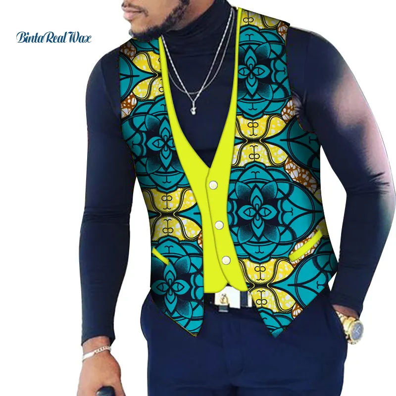 Мужская африканская рубашка на заказ Bazin Riche, лоскутный принт, топ, жилет, хлопок, Дашики, традиционная африканская одежда WYN107 - Цвет: 4