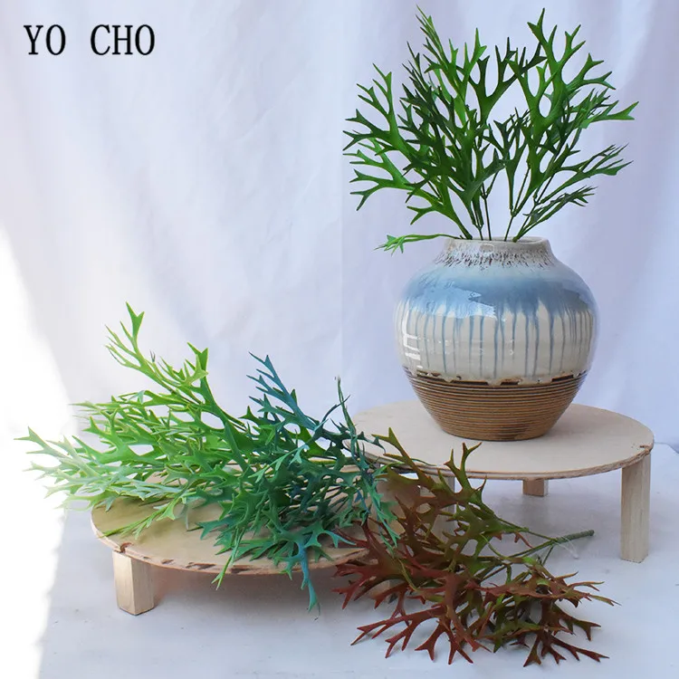 YO CHO 38cm Artificial Deer Horn Plants Plastic Greenery Wall Decoration Antler Leaf Grass Wedding Home Garden Decor Fake Plants